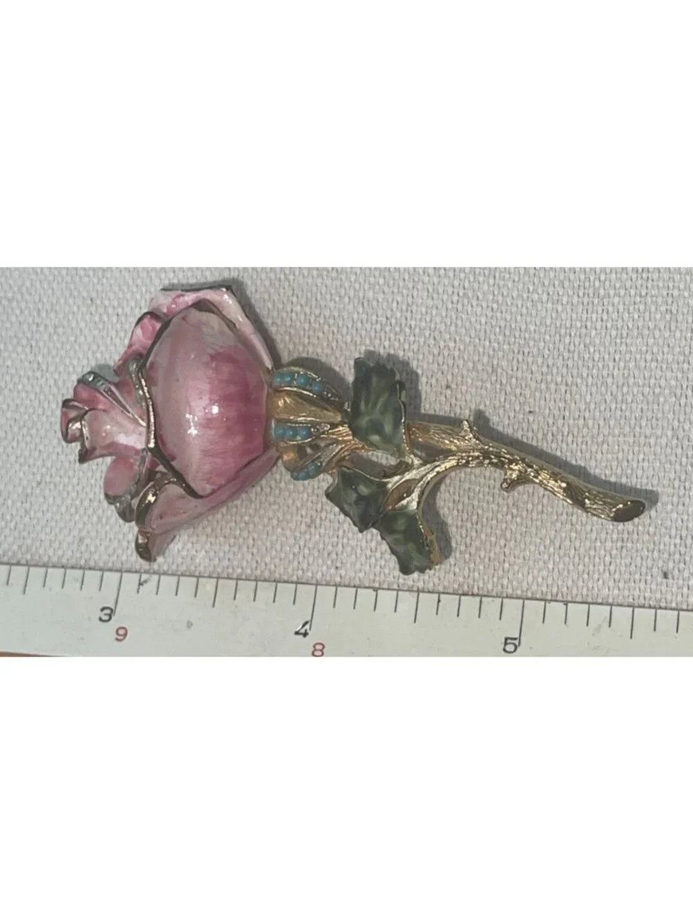 Vtg Signed Coro Enamel Rose Brooch Pink Floral Pin With Rhinestones & Gold-Tone
